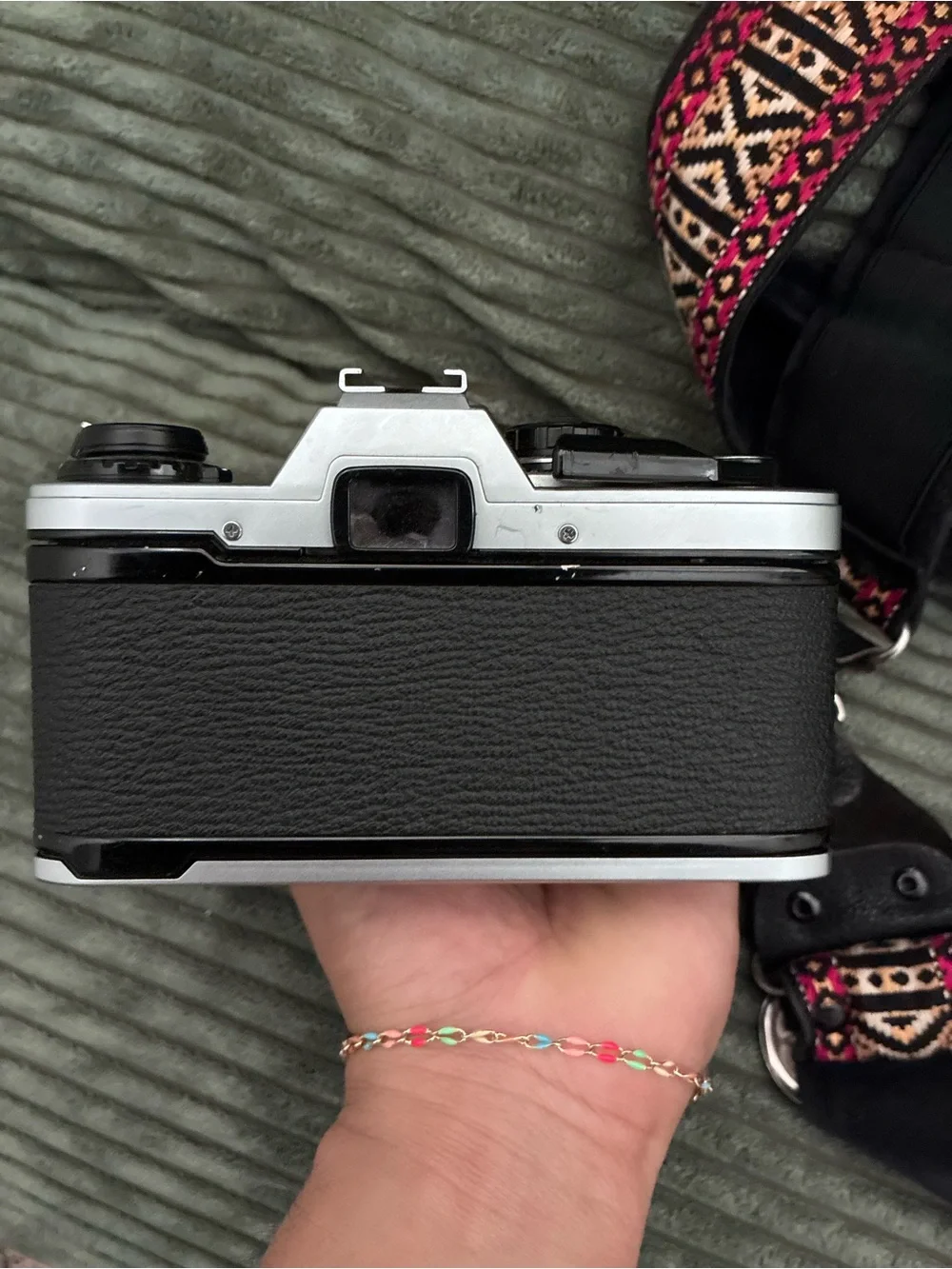 Olympus OM10 35mm Film Camera with Pink Patterned Strap